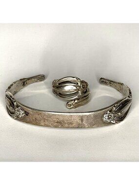 Vintage 2pc International Sterling Silver Set Bracelet and Ring sz 6 Engraveable